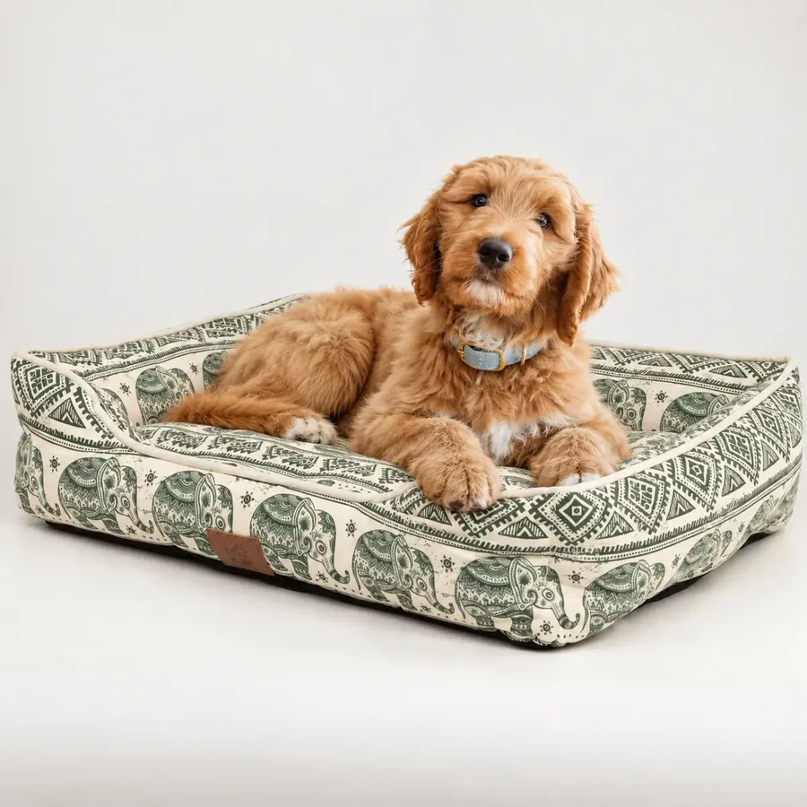 Cama Lucky Elephant — 60 × 50 × 14 cm · Estampado verde