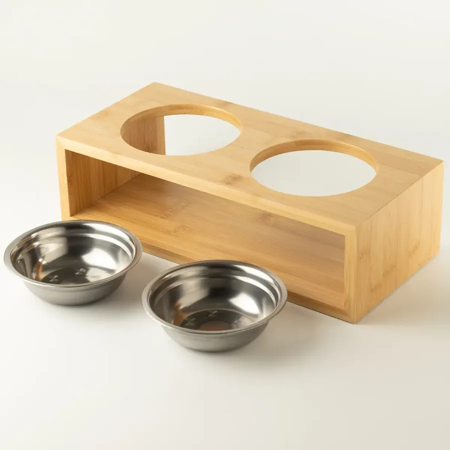 Comedero doble grande con soporte de madera — 2 × 13 cm · Acero 201 + madera