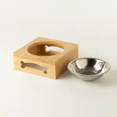 Comedero de acero con soporte de madera — Ø 12 cm · Acero 201 + madera natural
