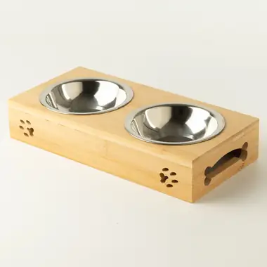 Comedero doble con soporte de madera — 2 × 12 cm · Acero 201 + madera
